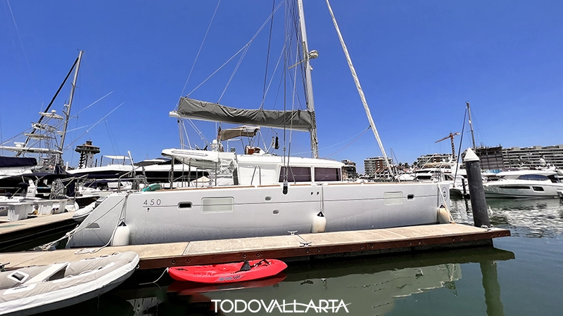Guest relaxing on trampoline deck of Lagoon catamaran Puerto Vallarta