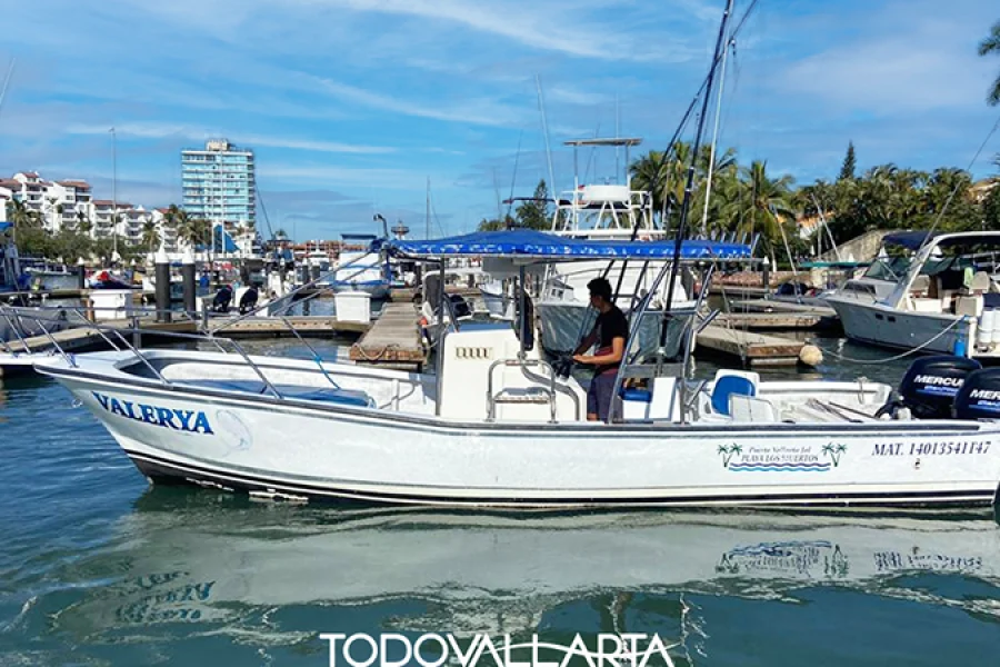 Side view of the Valerya Panga Boat Rental docked in Puerto Vallarta’s marina.