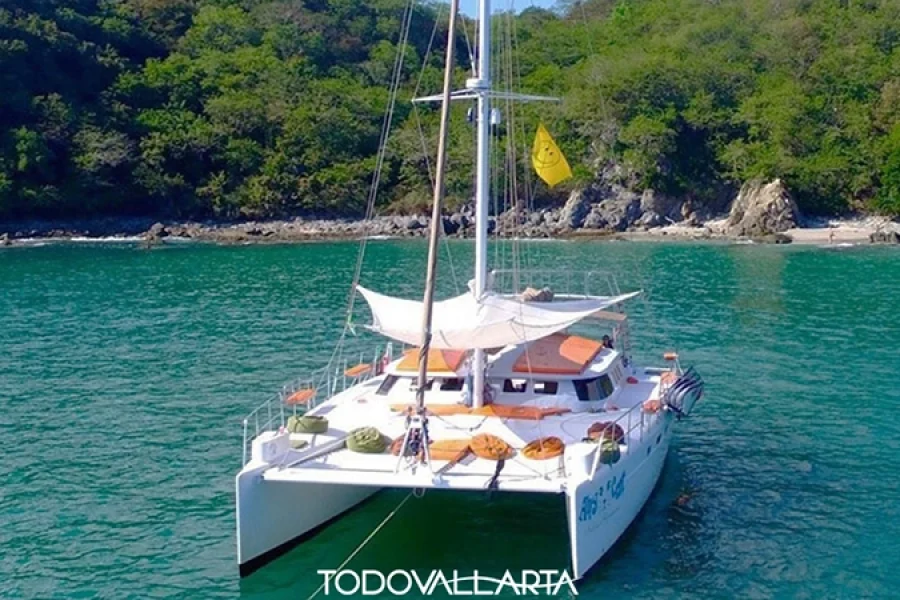 Aerial view of the 56-foot Ally Cat at anchor in a turquoise cove, showcasing its orange deck cushions for an unforgettable catamaran charter 56.
