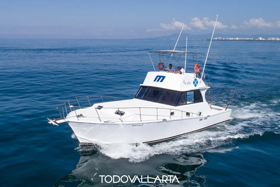 Karina II yacht cruising with the cityscape of Puerto Vallarta in the background