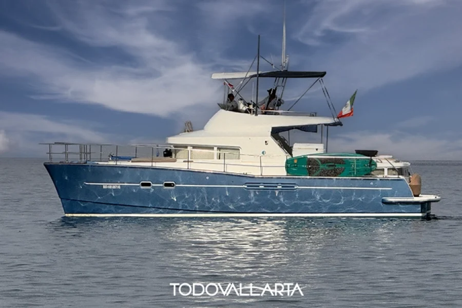 Side profile of the Dream Caper power catamaran cutting through calm waters with Puerto Vallarta’s skyline in the distance.