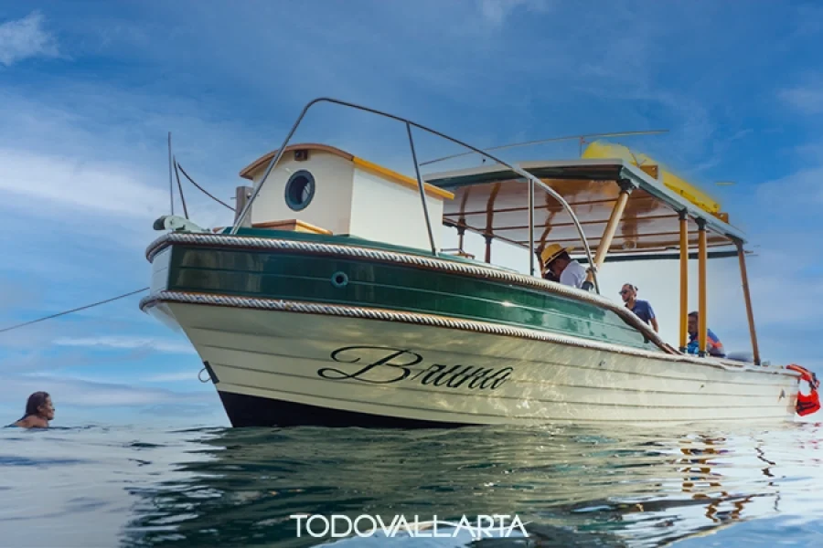 Passengers relaxing on Bruna speedboat during a charter in Puerto Vallarta, calm waters and clear sky