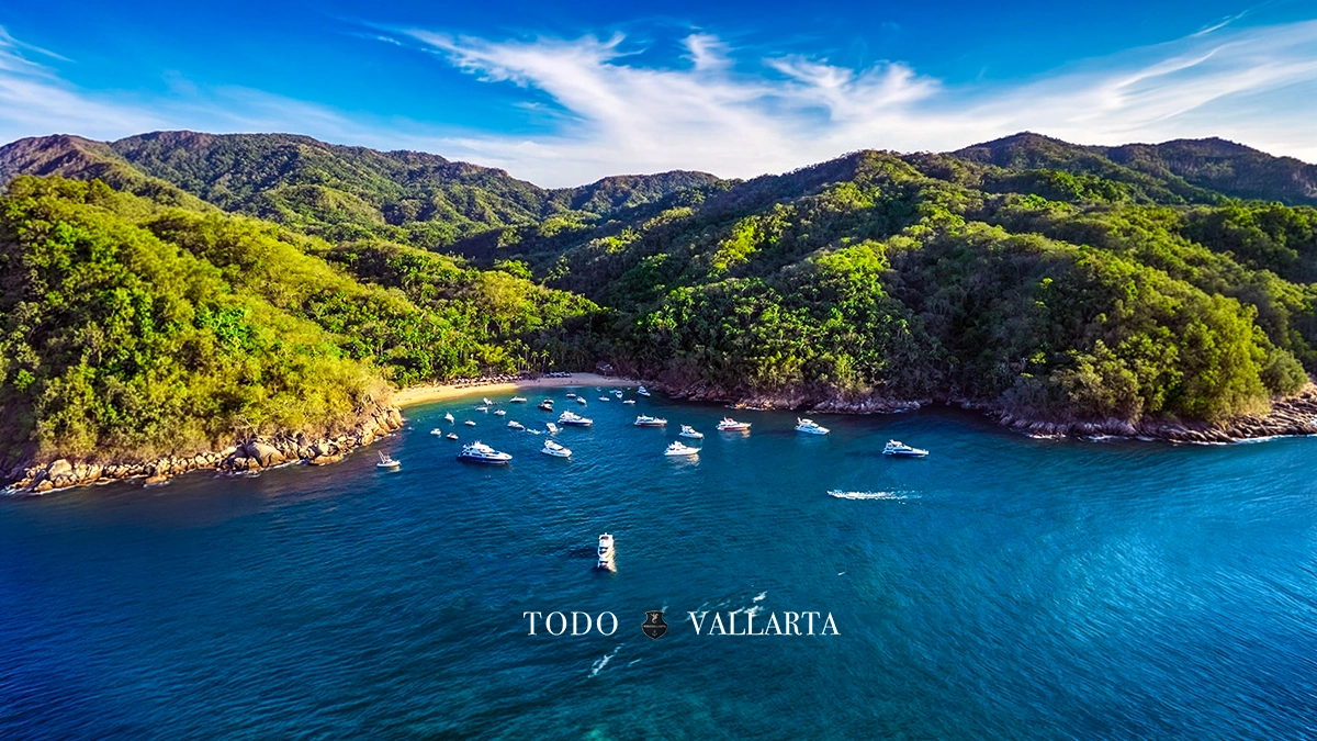 Aerial view of Majahuitas Beach surrounded by yachts and pristine waters.