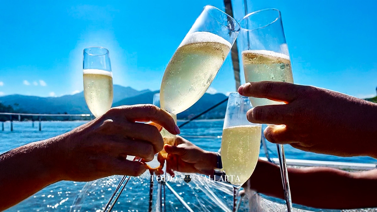 catamaran charter lagoon 45 guests clinking champagne glasses with ocean and mountains behind