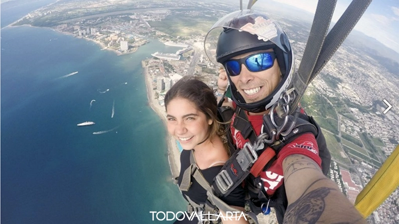 Aerial selfie of tandem skydivers
