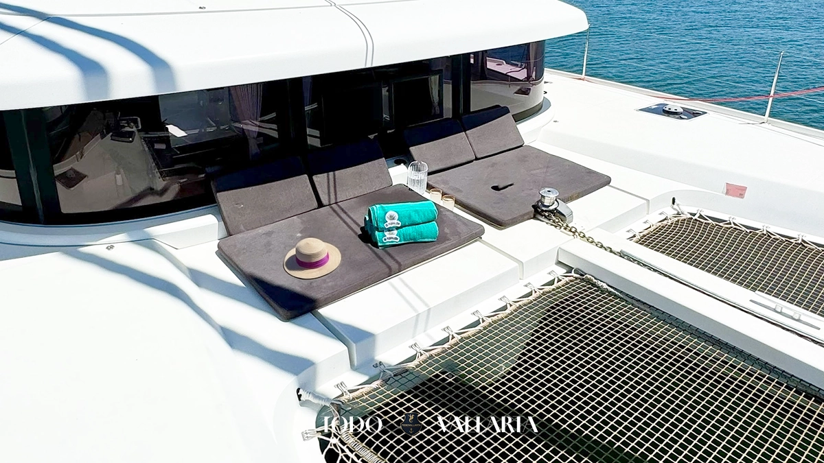 Sun loungers and net area on Charter Goa – 42Ft luxury catamaran