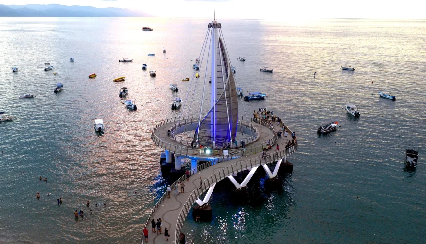 Aerial sunset view of the Muelle de Playa Los Muertos in Puerto Vallarta, Mexico